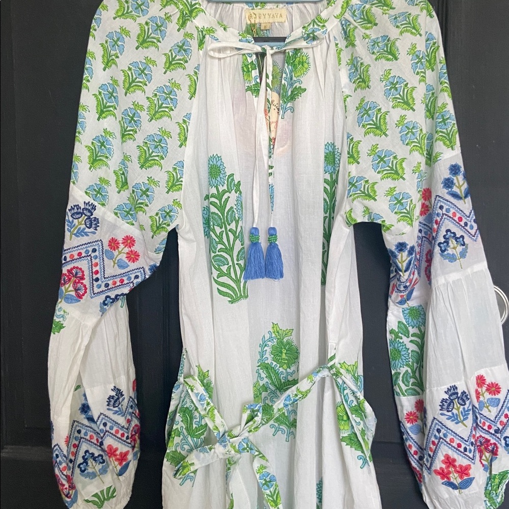 Floral Bohemian Dress - Green and Blue embroidered sleeves